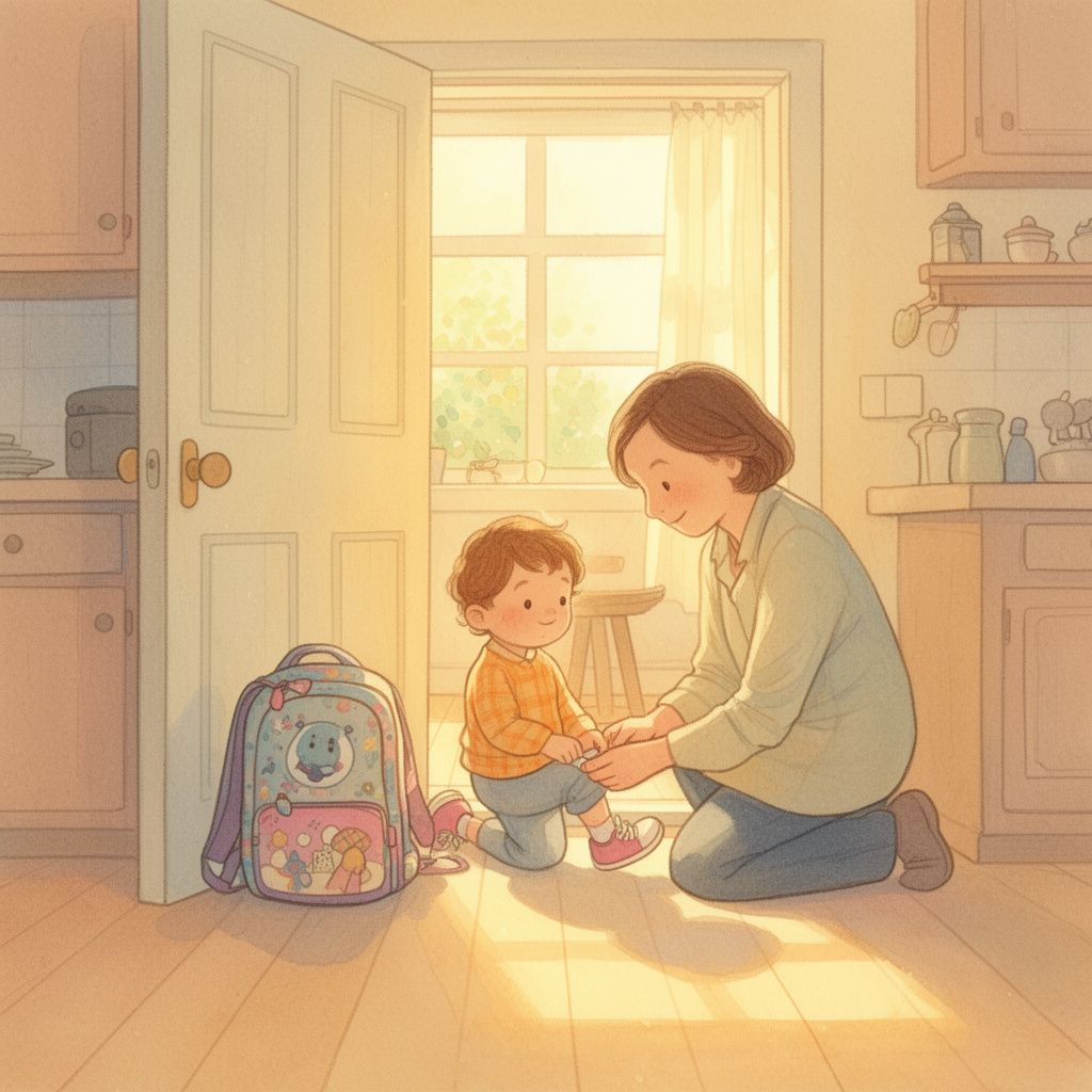 A bright morning kitchen doorway where a parent kneels to tie a small child's shoe beside a backpack, sunlight streaming across the floor in a soft storybook style.