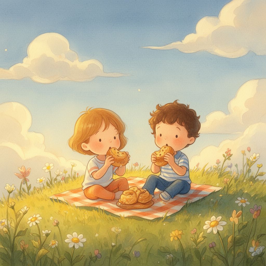 Two children sitting on a grassy hill sharing a picnic snack, wildflowers around them and fluffy clouds drifting across a calm blue sky.