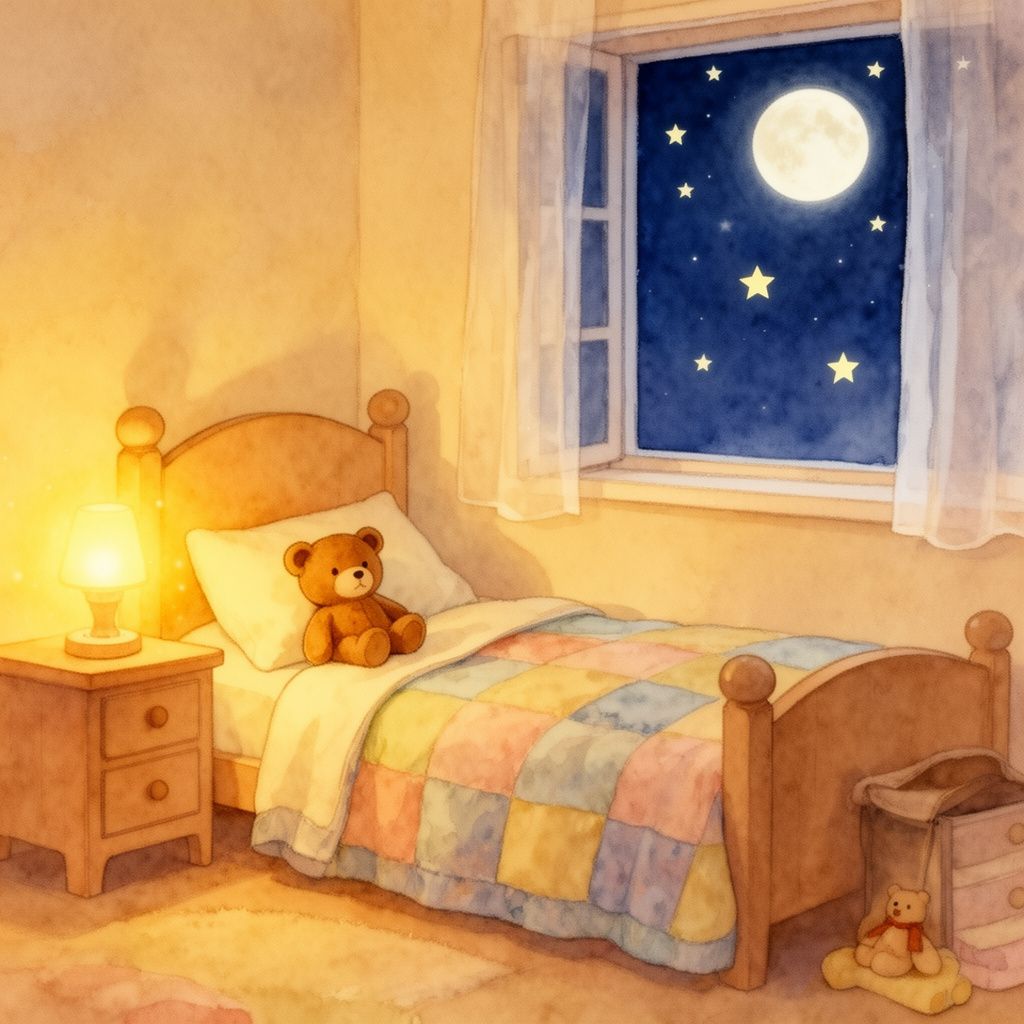 A cozy child's bedroom at night with a glowing nightlight, a teddy bear on the quilt, and a bright moon and stars shining through the window, calm and gentle.